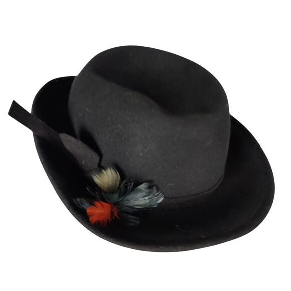 VINTAGE DOESKIN FABINI Bowler Hat Womens Felted Wool Black‎ Feather USA Flapper - Picture 1 of 8